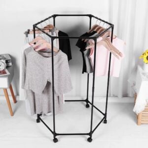 Estante de ropa giratorio hexagonal con ruedas organizador de metal